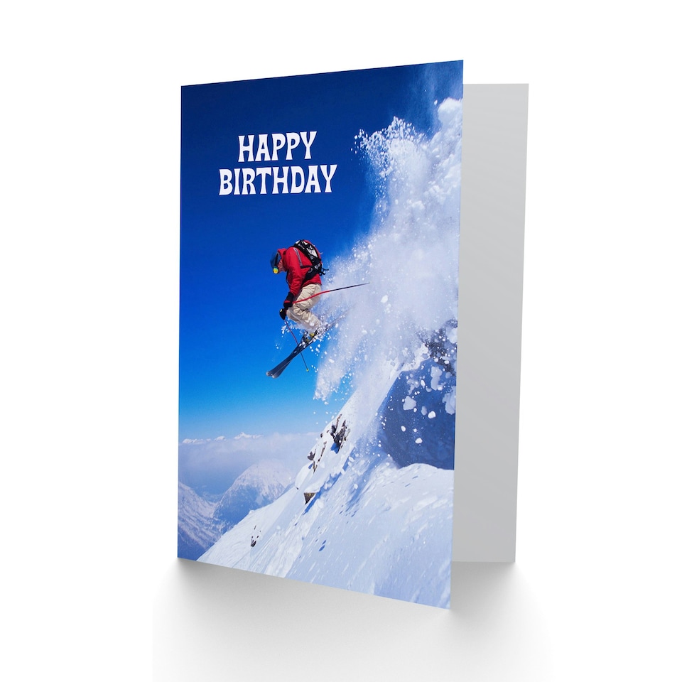 image 1 of Happy Birthday Skier Ski Jump Snow Sport Photo Birthday Card