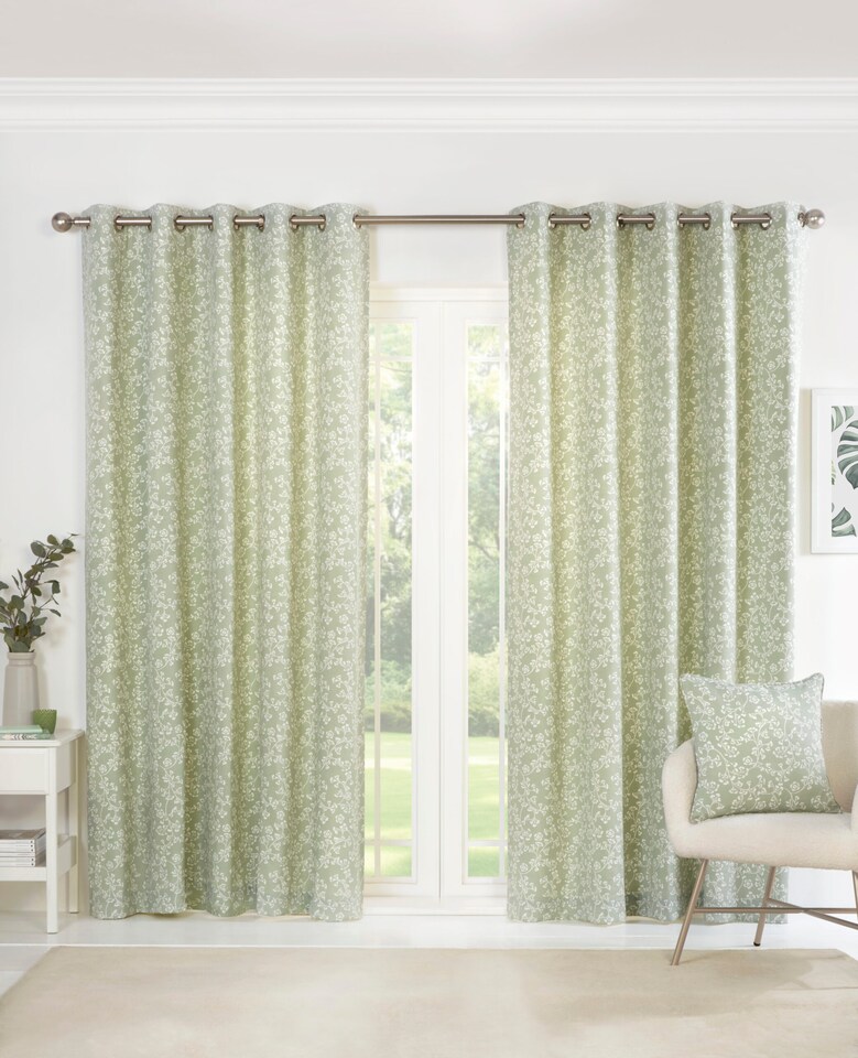 image 1 of Sade - Fully Lined Floral Curtains - Eyelet - Polycotton (Green, 66'' x 54'' - 168cm x 137cm (Pair))