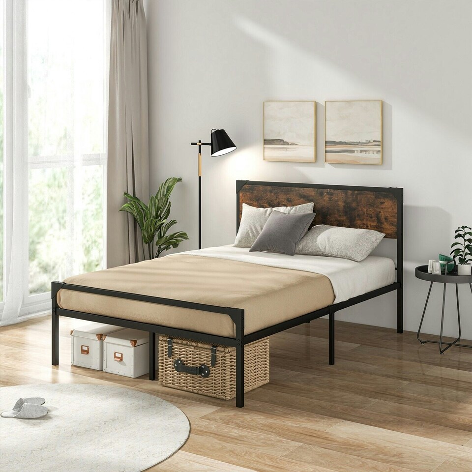 image 1 of COSTWAY Double Bed Frame Platform Bed with Headboard