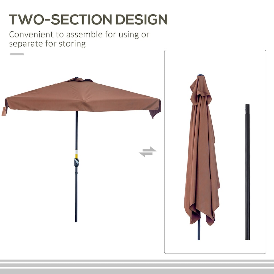 image 1 of Outsunny 2.3m Half Round Parasol Garden Sun Umbrella Metal w/ Crank Brown