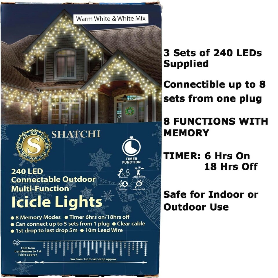 image 1 of 720 White & Warm White LED Connectable MF Icicle String Lights - 15m