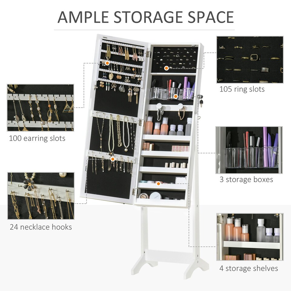 image 1 of HOMCOM Mirrored Jewellery Cabinet with LED Light Lockable Armoire White