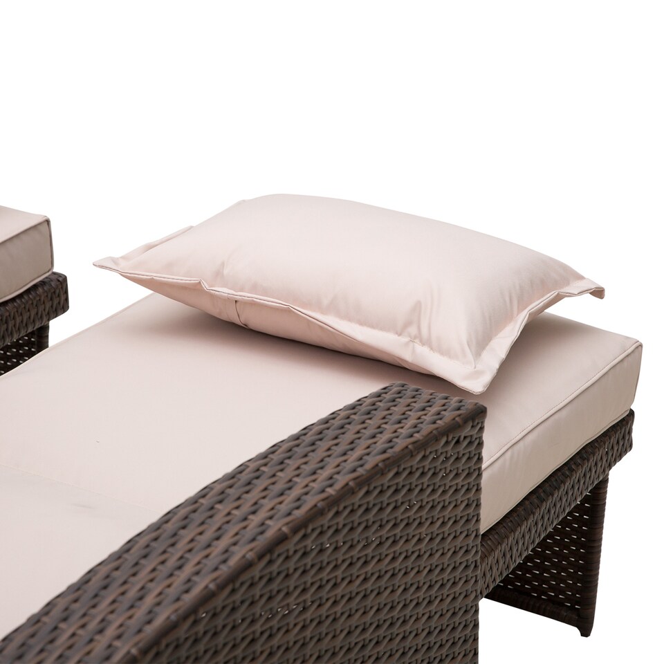 image 1 of Outsunny Double Rattan Sun Lounger, Already Assembled Reclining Garden Lounger with Retractable Footrest, Glass Top Storage Table with Umbrella Hole, Garden Sunbed with Cushions and Pillows, Brown