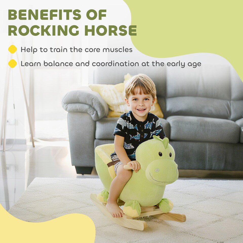 image 1 of HOMCOM Kids Rocking Horse, Plush Ride-On Dinosaur Seat with Safety Belt, 32 Songs, Ride-On Horses Toy, for Ages 18 Plus Months - Green