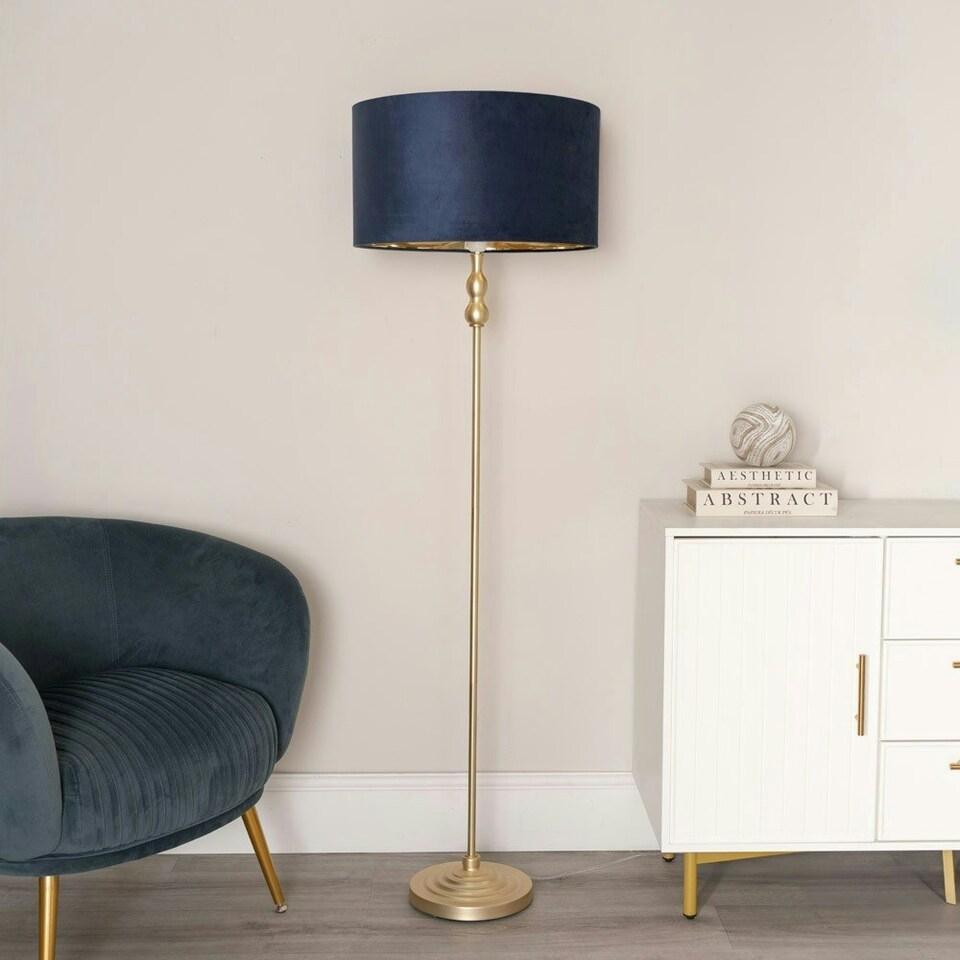 image 1 of ValueLights Maggie Gold Candlestick Floor Lamp with Navy Blue Velvet with Gold Inner Lamp Shade