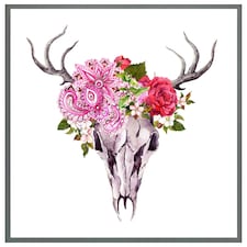 Deer animal skull with flowers and feathers (Picutre Frame) Grey | XL