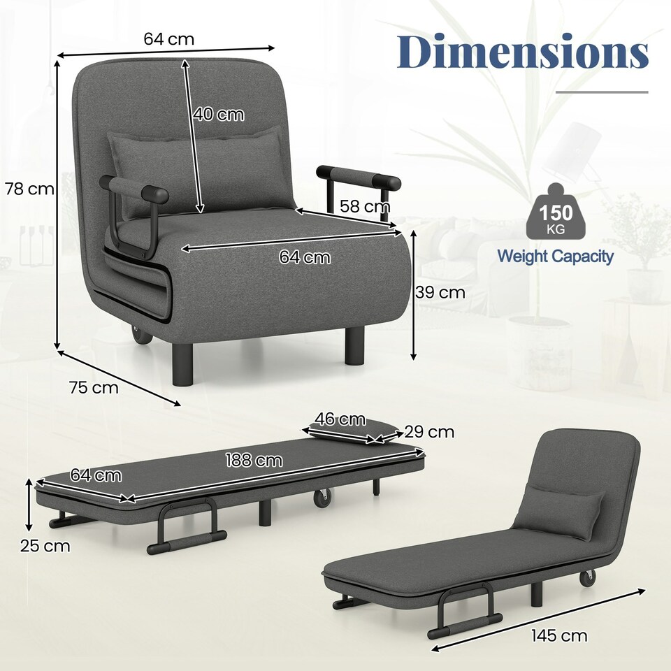 image 1 of COSTWAY 3-in-1 Convertible Sofa Bed Sleeper Chair Dark Grey Grey