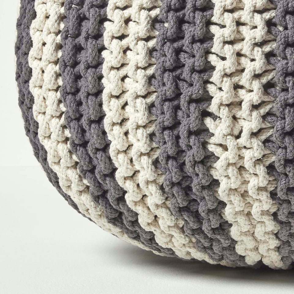 image 1 of Homescapes Off White and Grey Knitted Pouffe Striped Footstool - 35 x 40 cm