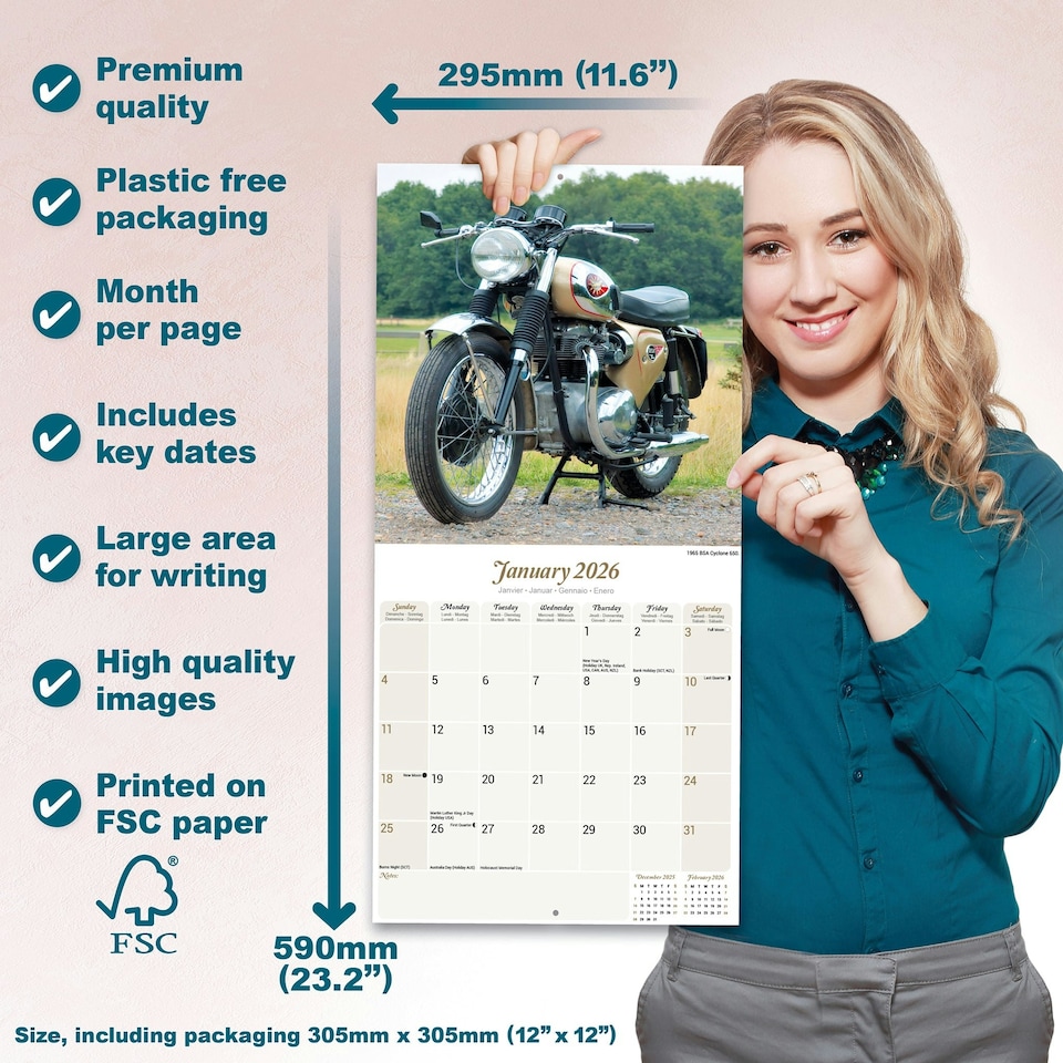 image 1 of Classic British Bikes 2026 Calendar | Square Wall Calendar | Motorcycle Gift | Plastic Free Packaging | by Avonside Publishing