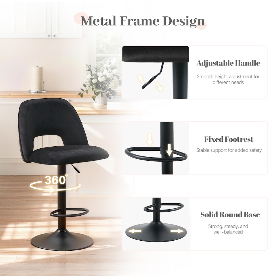 image 1 of SONARA Set of 3 Adjustable Velvet Upholstered Breakfast Bar Stools | Black