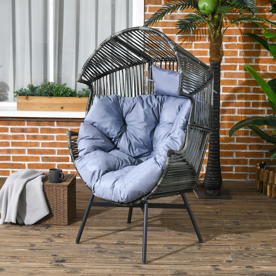 image 1 of Outsunny Rattan Leisure Chair w/ Cushion, Garden Egg Chair with Headrest, Grey