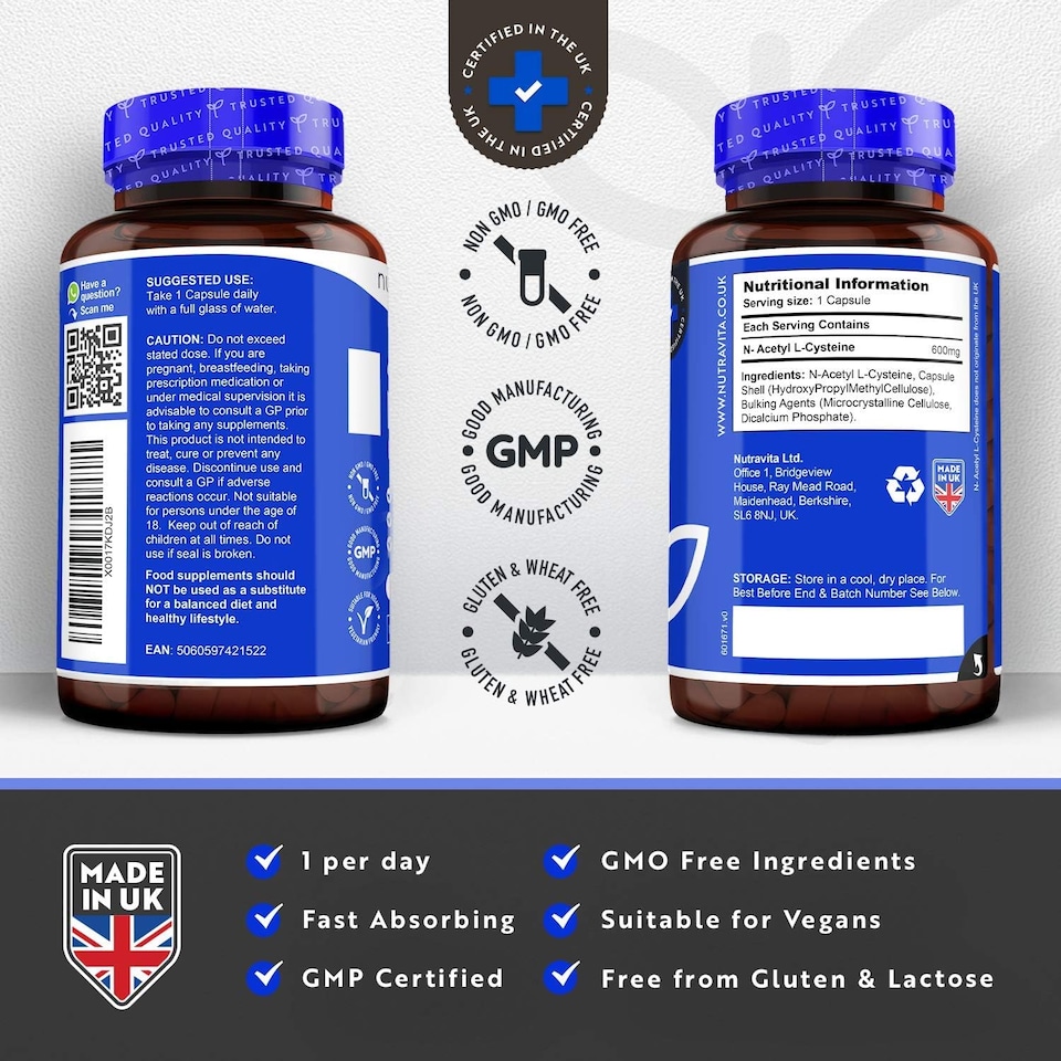 image 1 of Nutravita NAC N-Acetyl-Cysteine 600mg - High Bioavailability NAC Supplement - N Acetyl Cysteine Amino Acid - Made in The UK - 150 Vegan Capsules