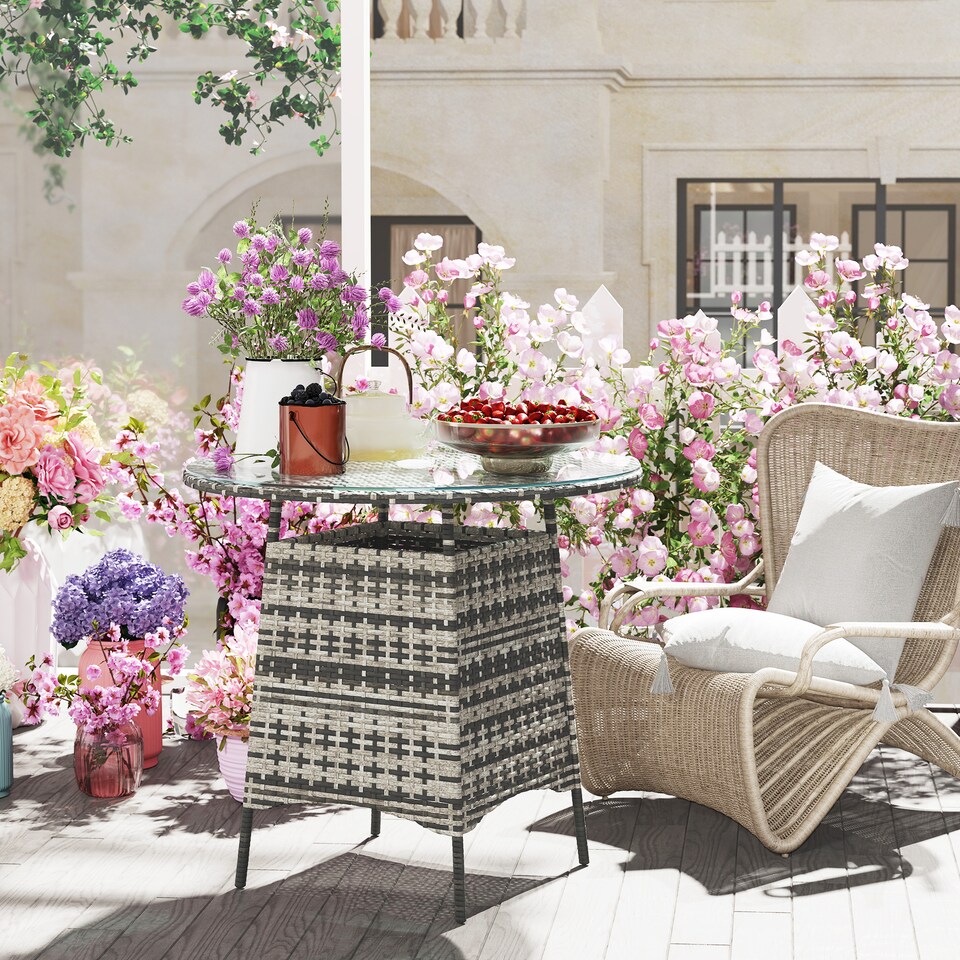 image 1 of Outsunny Patio Furniture Rattan Garden Table with Umbrella Hole, Grey