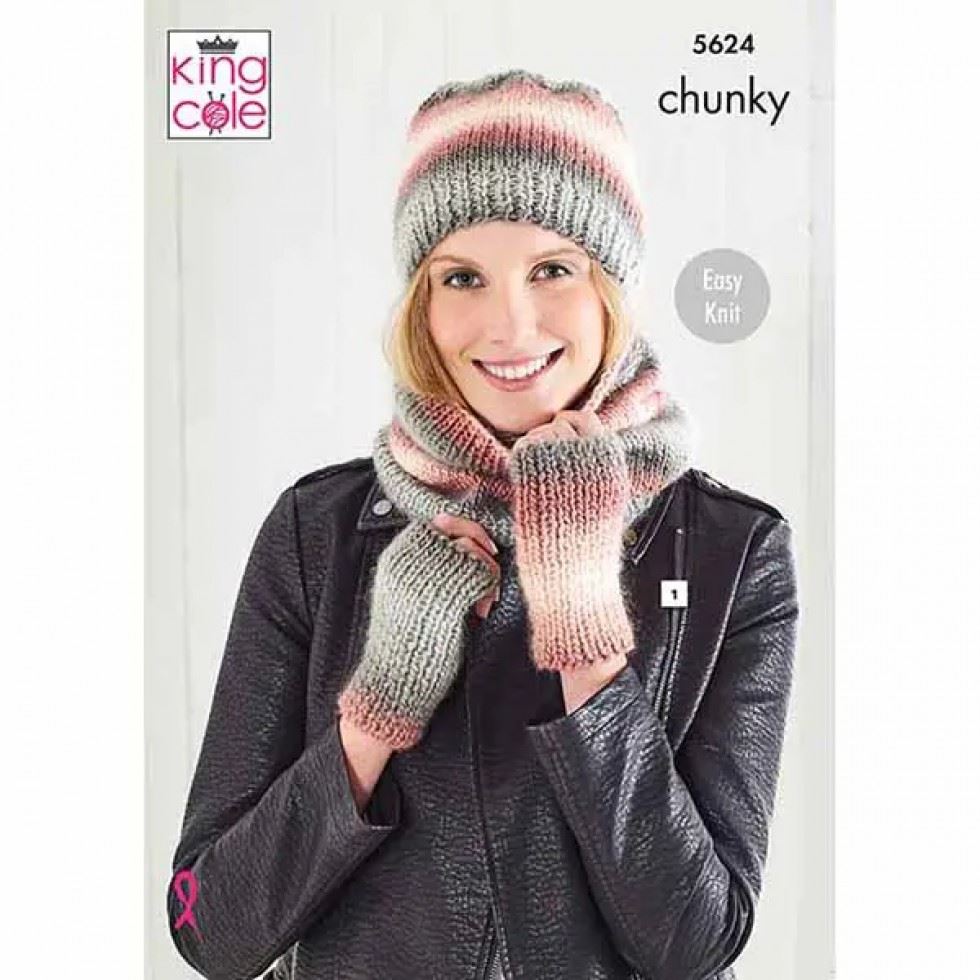 King Cole Riot Chunky Knitting Pattern 5624, Headwear, Wraps, Wrist Warmers and Scarves for Women - One Size - Easy