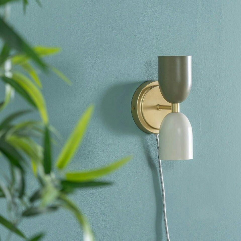 image 1 of ValueLights Tate Pair of - Plug in Gold Up & Down Easy Fit Wall Lights with Khaki / Cream Shades - Bulbs included