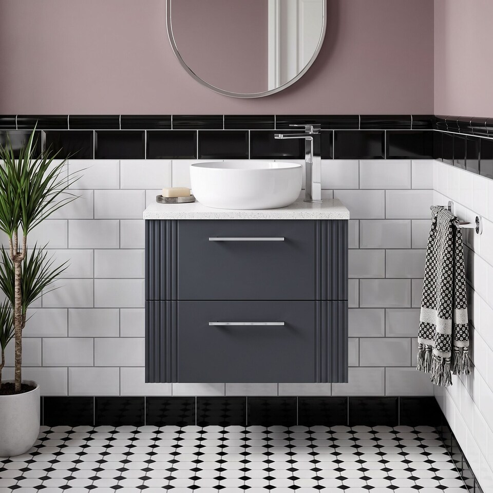 image 1 of Balterley Partial Fluted 2 Drawer Wall Hung Vanity Unit with Sparkling Laminate Worktop | Grey | Satin Soft Black