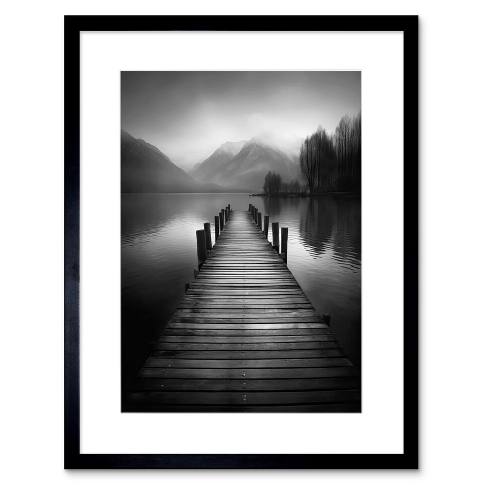 image 1 of Lake Pier Jetty Moody Landscape B&W Photo 9x7" Black Framed Wall Art Print