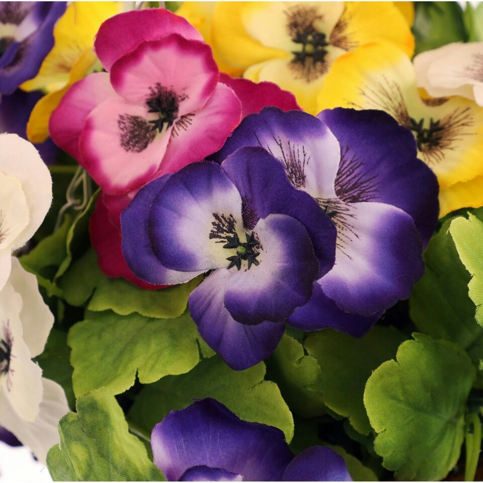 image 1 of Oypla Artificial Garden Hanging Wicker Basket with Multicoloured Pansy Flowers