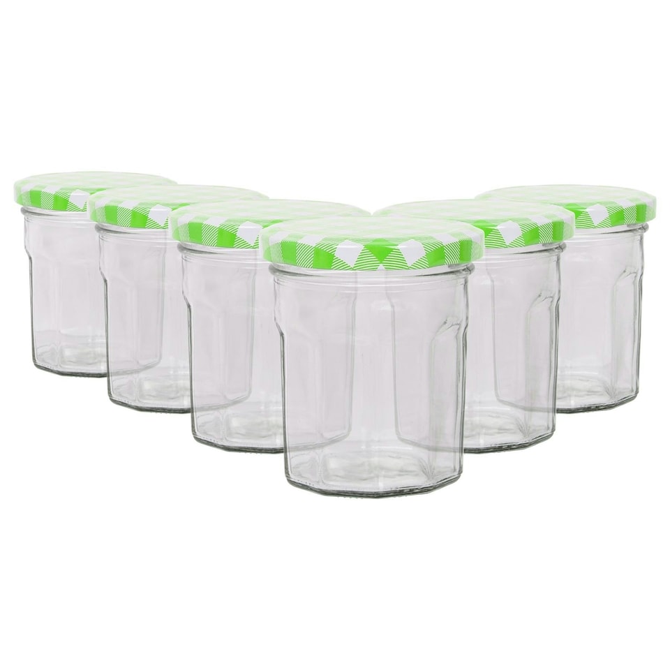 image 1 of Argon Tableware Glass Jam Jars with Green Gingham Lids - 150ml - Pack of 6