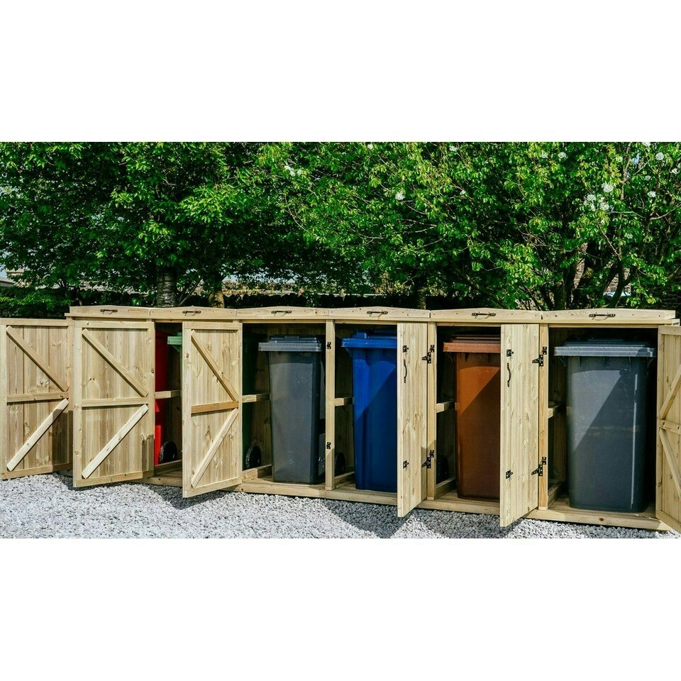 image 1 of Chatburn Sextet Wheelie Bin Store - Timber - L80.4 x W400.7 x H120 cm - Fits 4 x 180L or 4 x 240L & 2 x 140L Wheelie Bins Brown