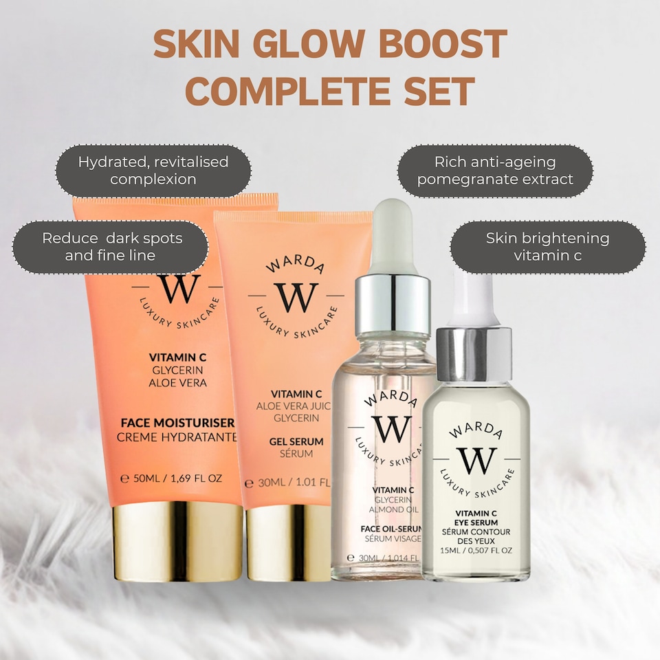 image 1 of Warda Luxury Skincare Skin Glow Boost Vitamin C Moisturiser 50ml + Vitamin C Glow Boost Oil-Serum 30ml + Skin Glow Boost Vitamin C Gel Serum 30ml + Skin Glow Boost Vitamin C Eye Serum 15ml