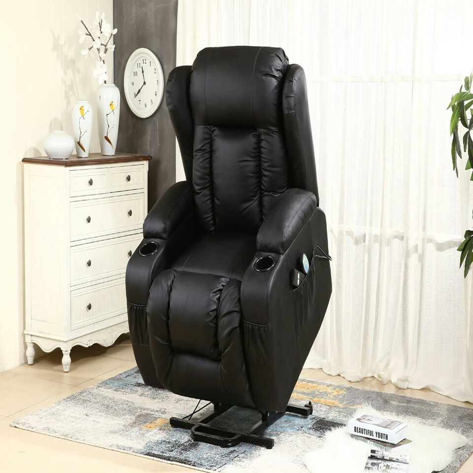 image 1 of Caesar Single Motor Rise Recliner Bonded Leather Heat & Massage Chair (Black)