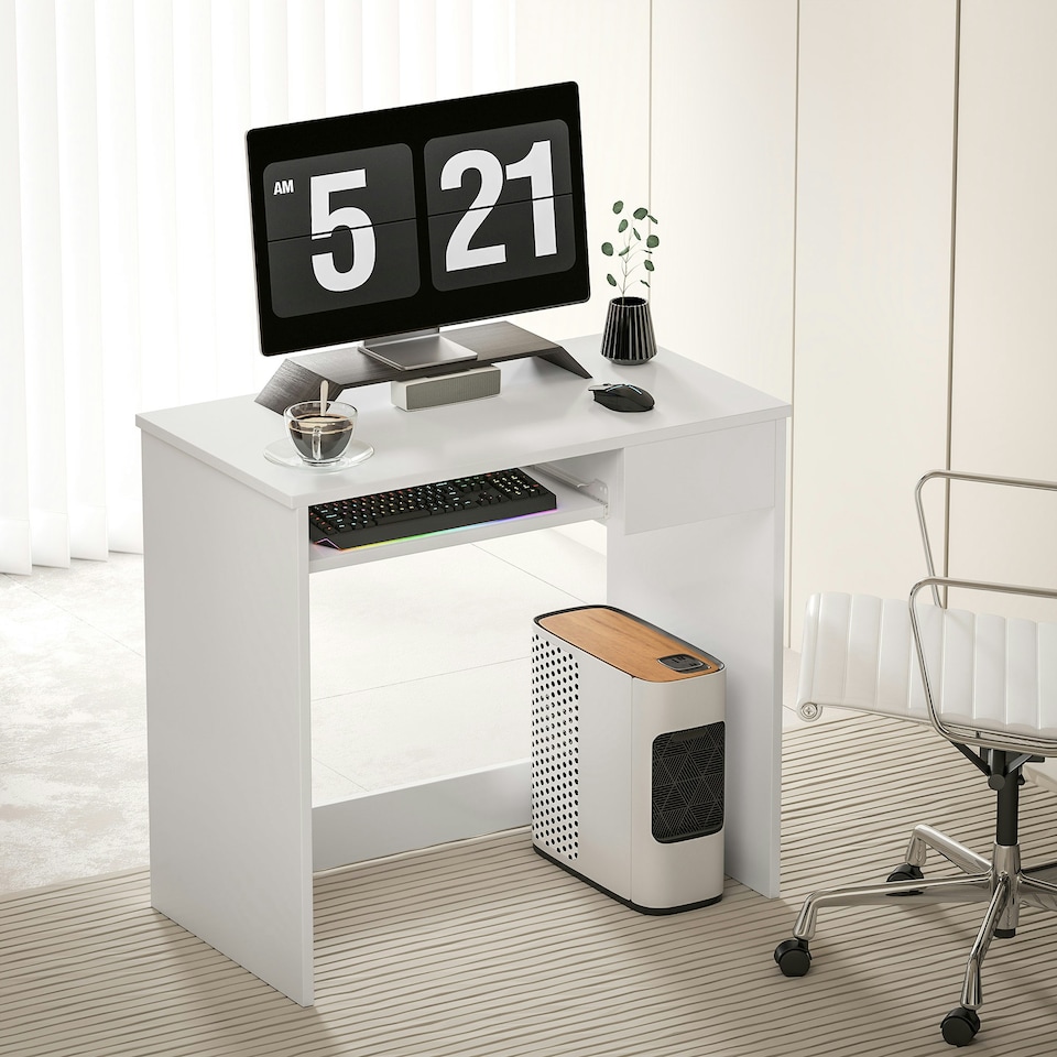 image 1 of HOMCOM Compact Computer Table w/ Keyboard Tray Drawer Study Office Work, White