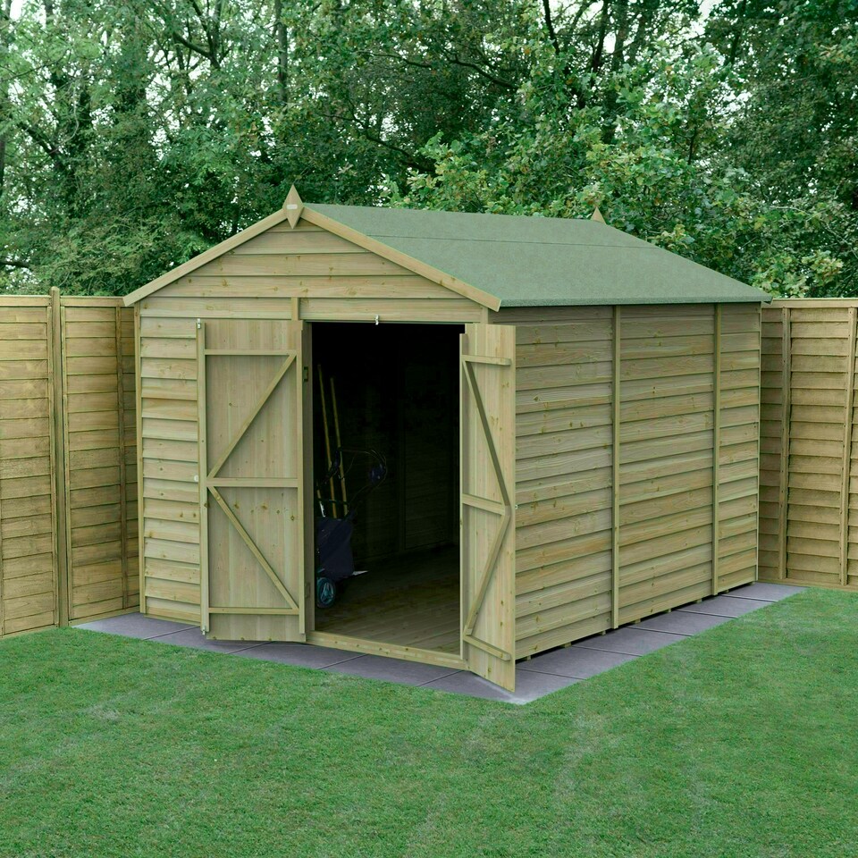 image 1 of Forest Garden 8x10  4LIFE Apex Shed 25yr Guarantee Overlap Pressure Treated- Double Door - No Window Brown