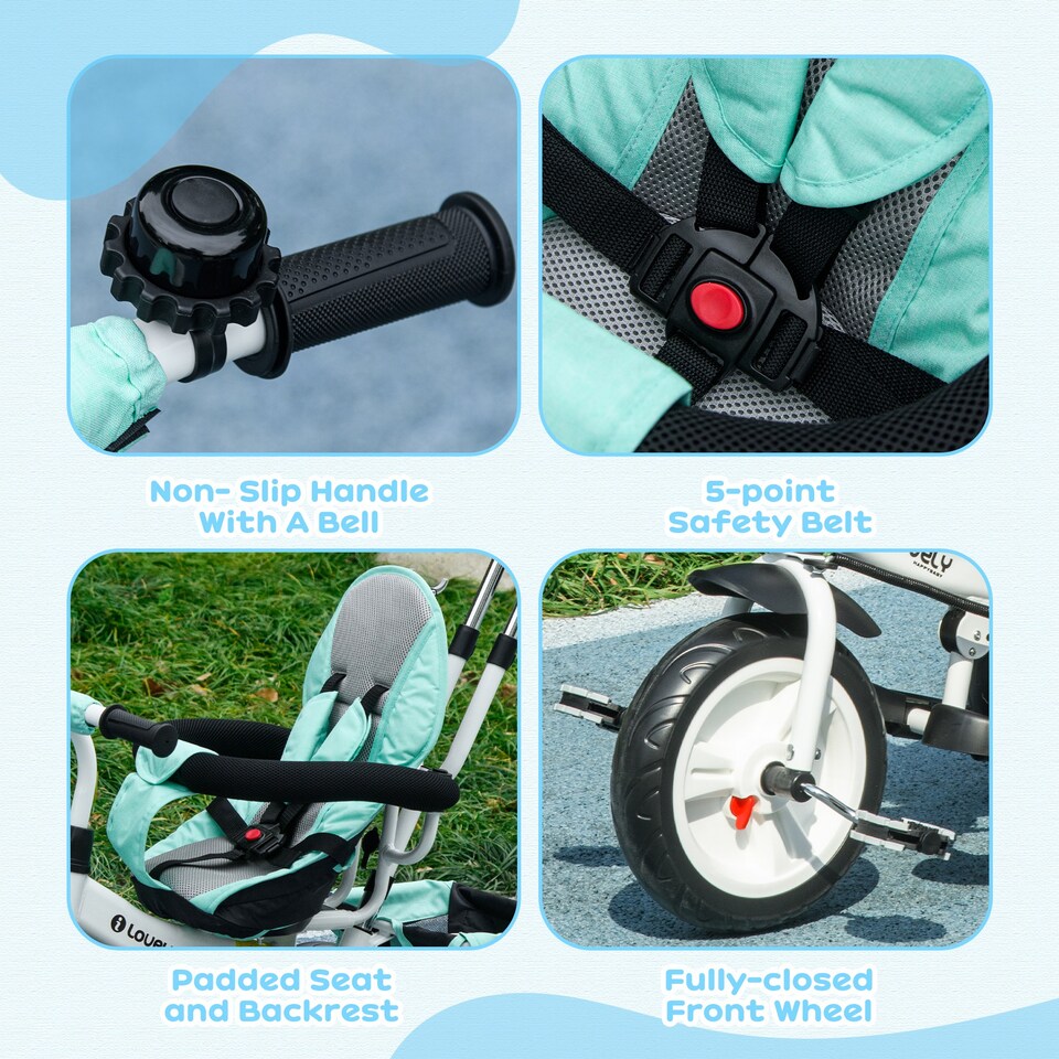 image 1 of HOMCOM 6 in 1 Baby Trike, Kids Trike, Stroller with Parent Handle, Green