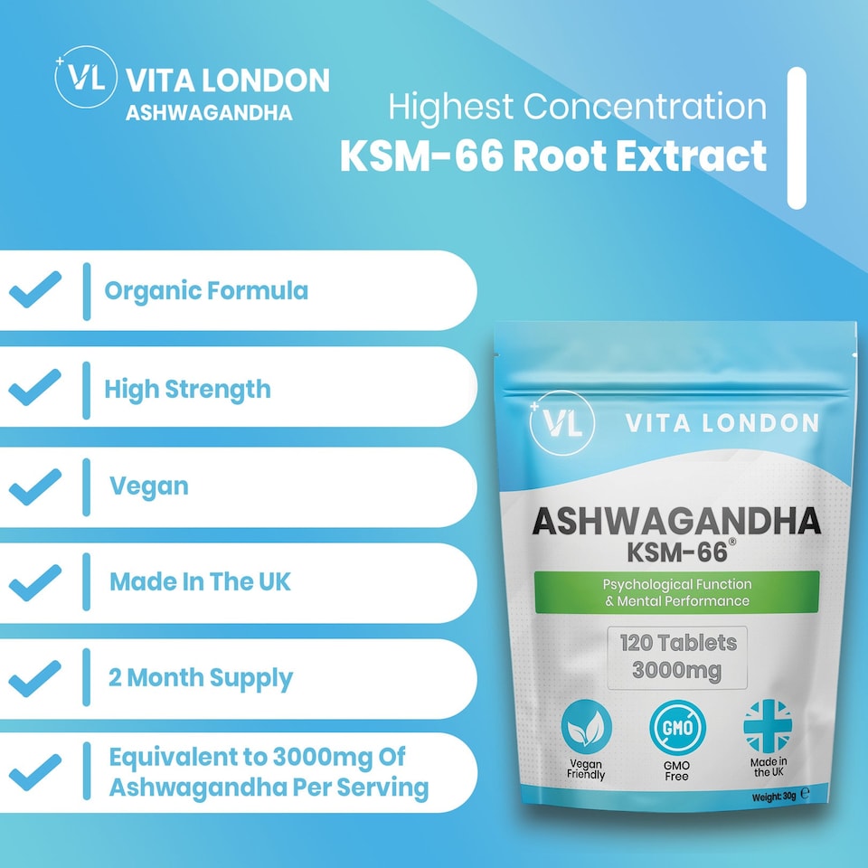 image 1 of Ashwagandha KSM 66 High Strength Tablets - Organic - 3000mg - 120 Tablets