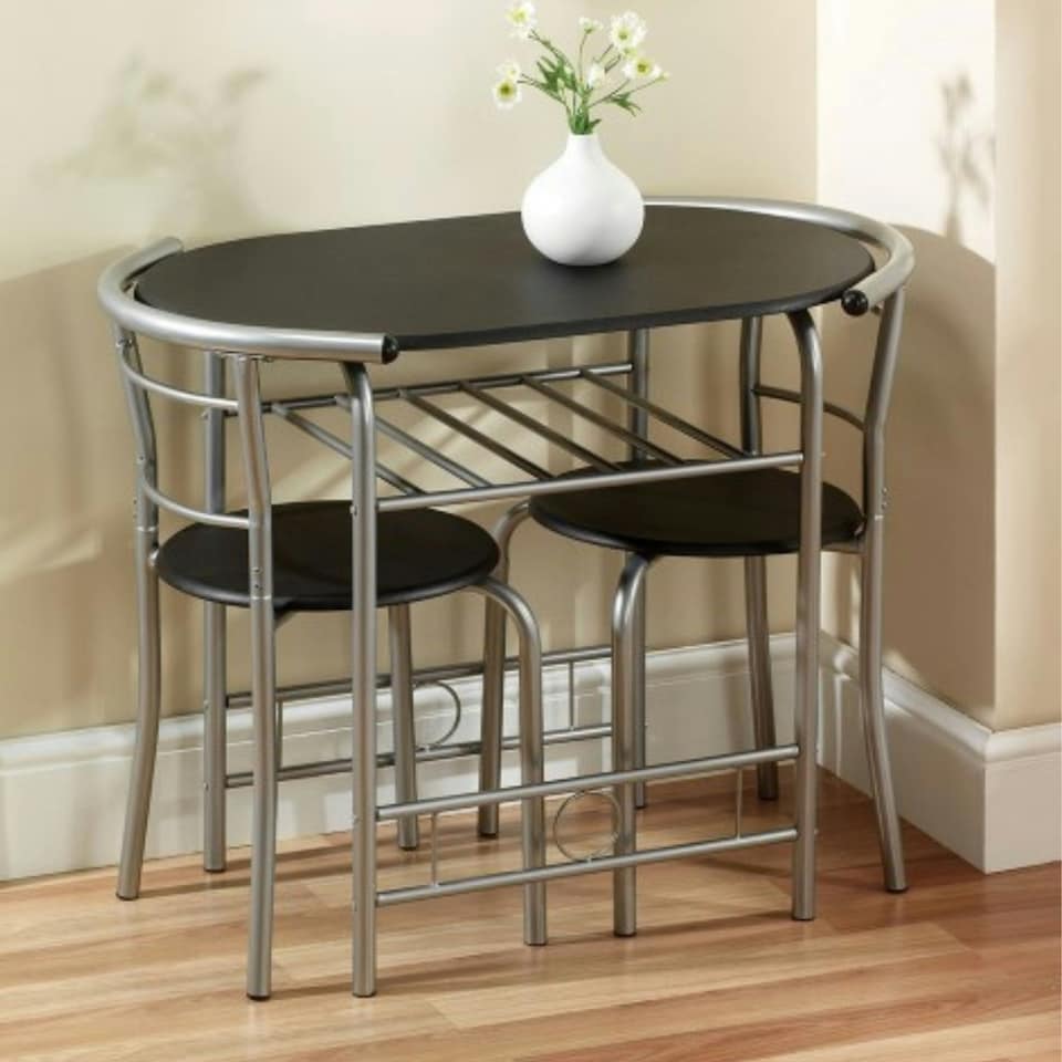 image 1 of Greenhurst 2-Seater Space-Saving Dining Set – Black Table & Silver Frame Chairs for Compact Areas Black | Silver