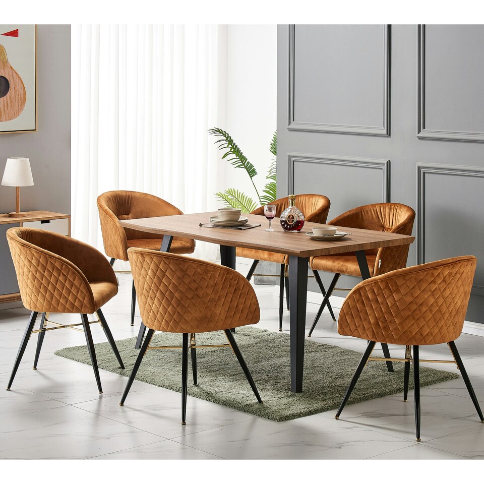 image 1 of Set of 4 Vittorio Velvet Dining Chairs with Black Metal Legs, Quilted Design Modern Accent Chair | Yellow