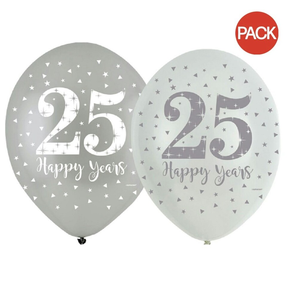 image 1 of Amscan 25th Happy Years Latex Balloon (Pack of 6) - Silver/White - One Size Multi
