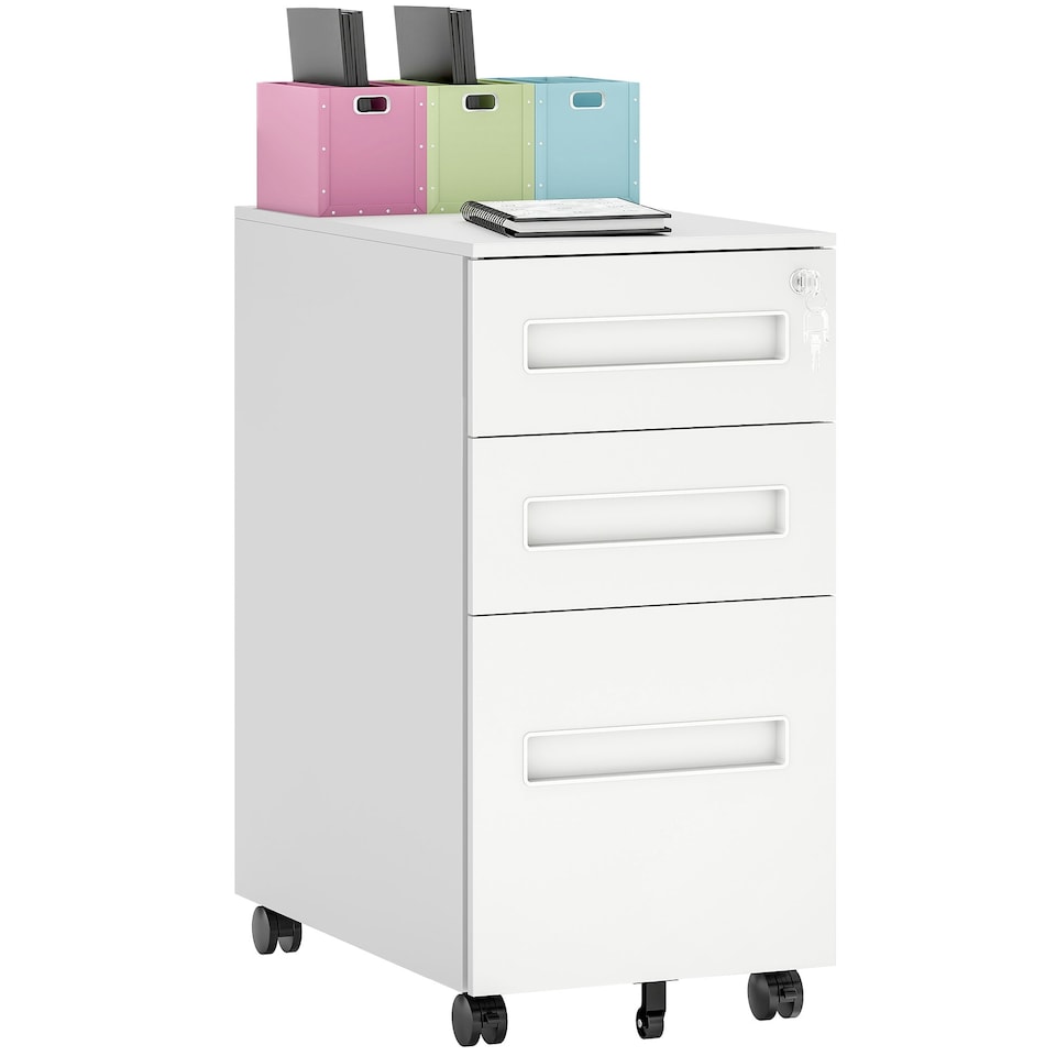 image 1 of Vinsetto Lockable Mobile Filing Cabinet w/ 3 Drawers 30 x 43.5 x 60 cm White | White | White