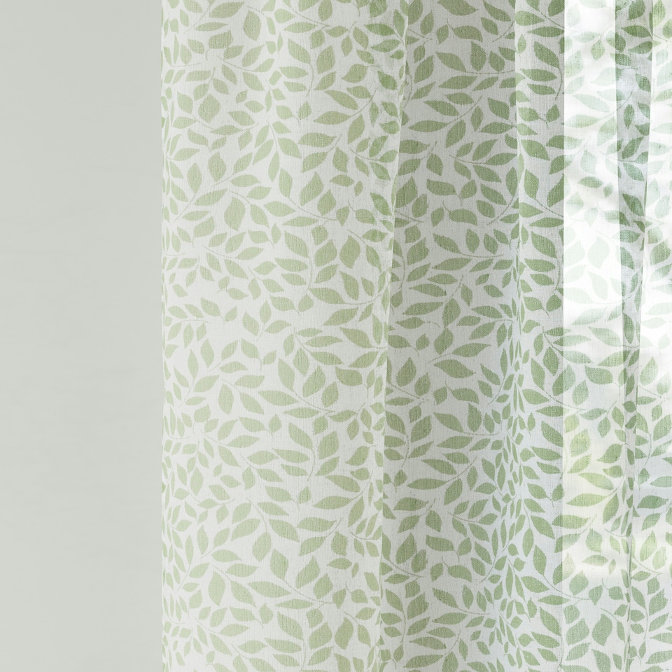 image 1 of Pair of Willow Green Leaf Print Voile Panels 122 cm (48 inch) Rod Pocket Linen Look Panels for Bedroom and Living Room