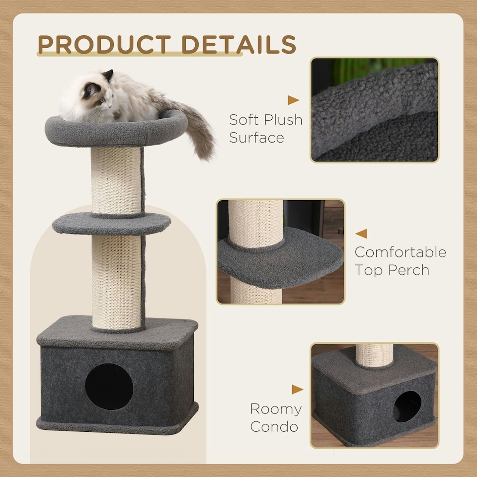 image 1 of PawHut 96cm Multi-level Cat Tree with Scratch Post Removable Cover, Grey