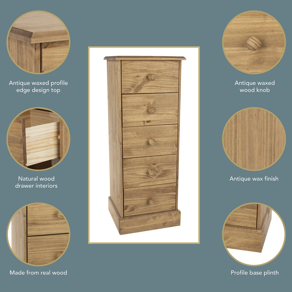 image 1 of Cotswold 5 Drawer Narrow Chest of Drawers - Antique Waxed Pine Bedroom Storage with Turned Handles | Brown | Brown | 1