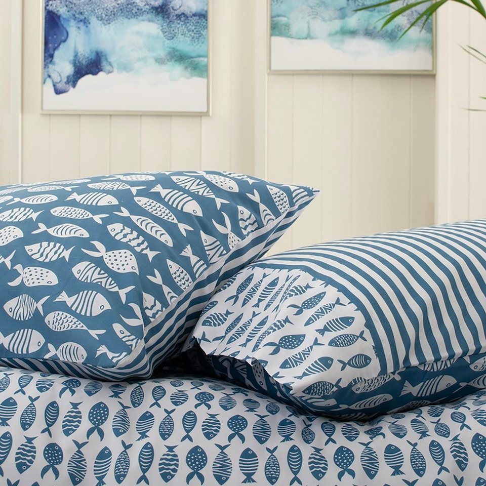 image 1 of Small Fish 100% Cotton Duvet Cover Set – Nautical Navy & White Design with Piped Edges White | Blue | Single