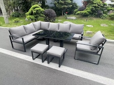 Fimous Aluminum Outdoor Garden Furniture Corner Sofa Chair Footstools Adjustable Rising Lifting Dining Table Sets Dark Grey Black Tempered Glass 9 Seater