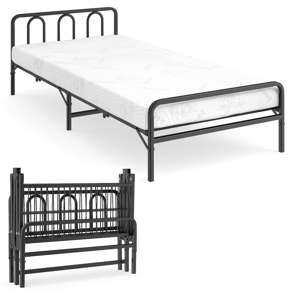 image 1 of COSTWAY Foldable Bed Frame Portable Folding Bed with Headboard   Footboard Black