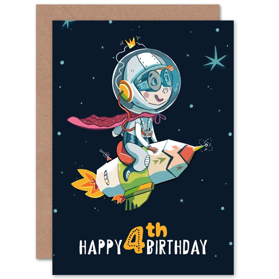 image 1 of Space Rocket Astronaut Age 4 Years Old Child Kids 4th Birthday Card