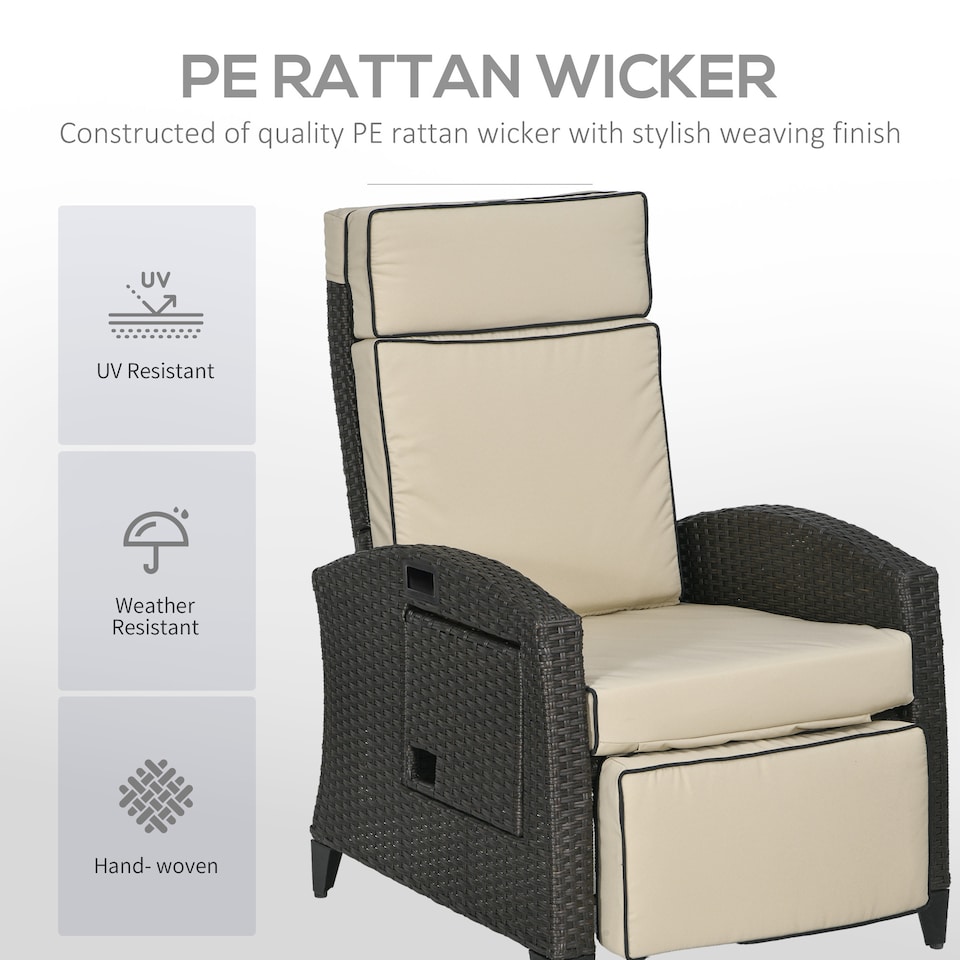image 1 of Outsunny Garden Recliner w/ Cushion, Reclining Rattan Chair, Khaki/Brown