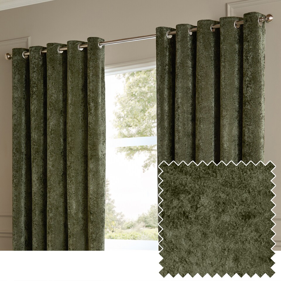 image 1 of Paoletti Lustre Velvet Fully Lined Eyelet Curtain Pair, Malachite, (W) 117 x (D) 183cm | Green | Malachite | 1