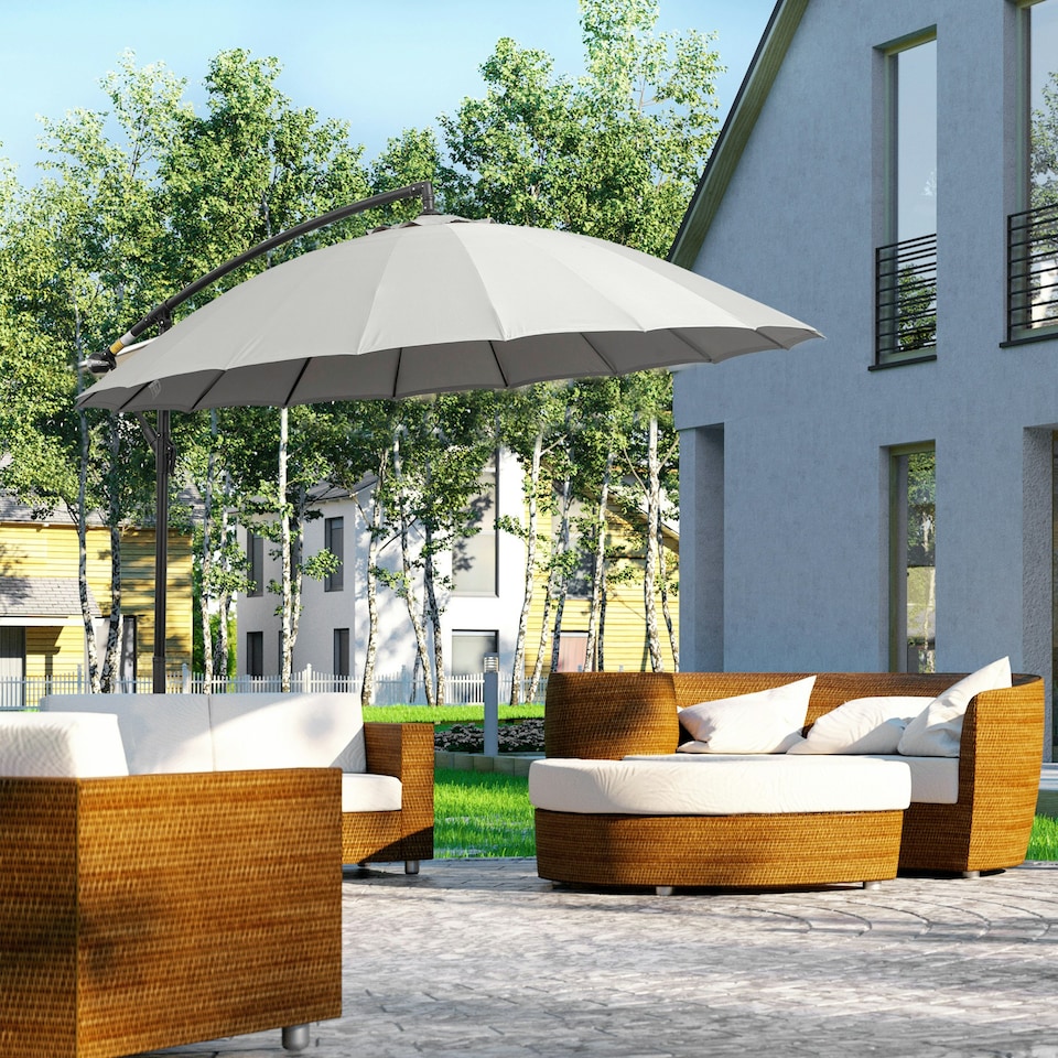 image 1 of Outsunny 3(m) Cantilever Shanghai Parasol w/ Crank Handle, Cross Base, Grey