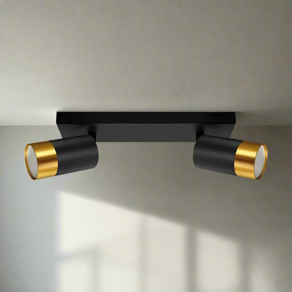 image 1 of CGC PUZON Black & Gold GU10 Adjustable Twin Two Head GU10 Ceiling Spotlight Bar Light Black