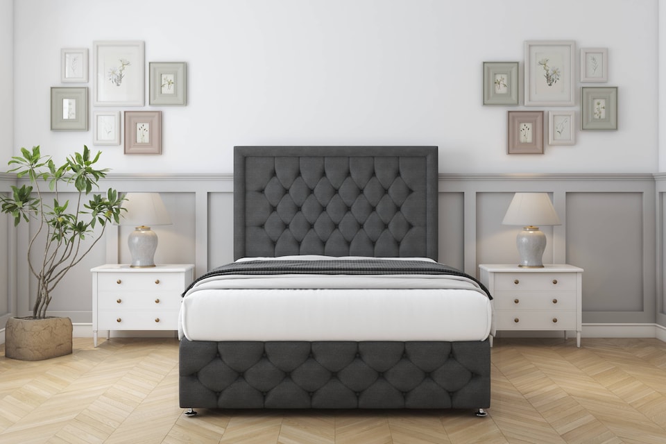 image 1 of Sloomy Vienna Graphite Dumfries Divan Bed Base 2 Drawers Right Side With 54 Inch Floor Standing Headboard & 12 Inch Matching Footboard | Grey | Graphite | Small Single | 1