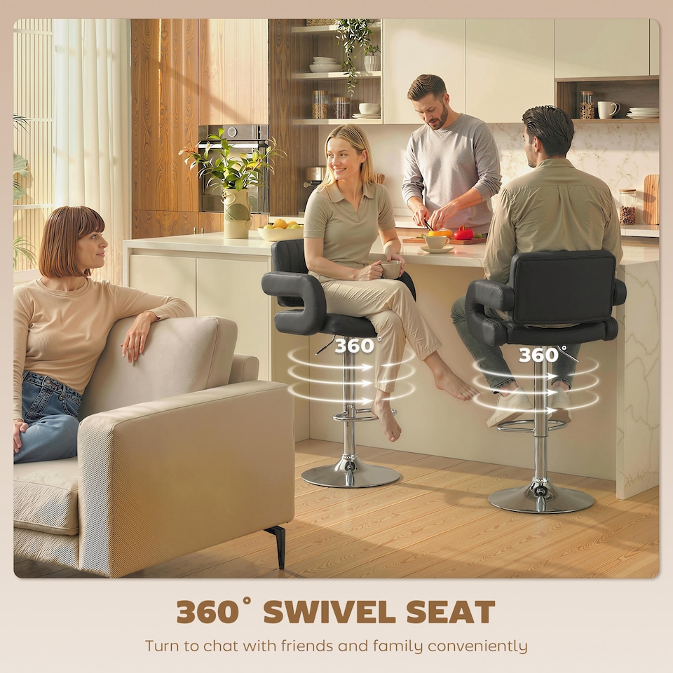 image 1 of HOMCOM Bar Stools Adjustable Swivel with Armrest Set of 2 Black