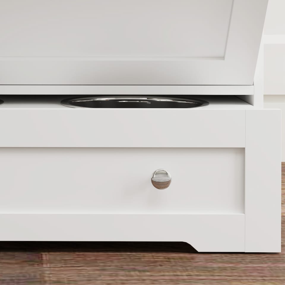 image 1 of PawHut Dog Feeding Station with 2 Storage Cabinets, Dog Food Storage Cabinet with 2 Raised Bowls, Side Hooks, Anti-tip Kit for Water and Feeding Supplies, White