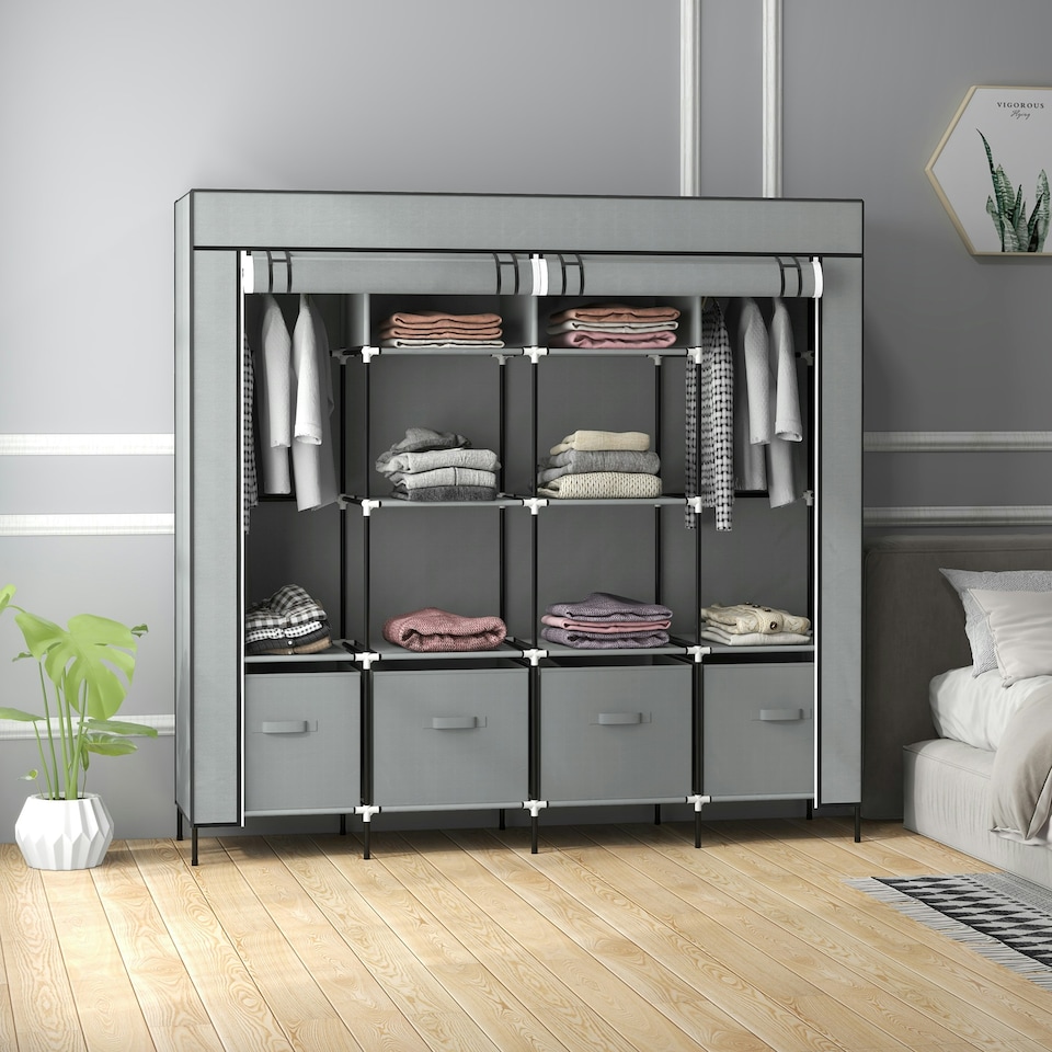 image 1 of HOMCOM Fabric Wardrobe w/ 12 Shelves 2 Hanging Rails Foldable Closets Grey