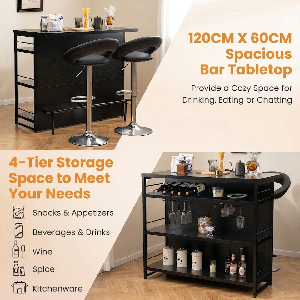 image 1 of COSTWAY Industrial Wine Bar Cabinet Kitchen Storage Sideboard Black Black